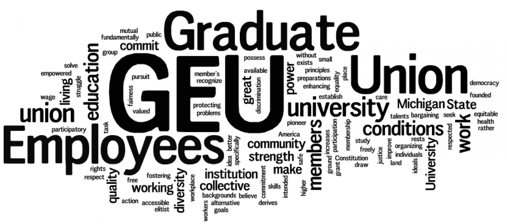 word cloud in order of importance (abridged): GEU, Graduate, Employees, Union, university, Michigan State, conditions work. members, power, commit, education, working, quality, diversity, equitable, health, democracy, great, living