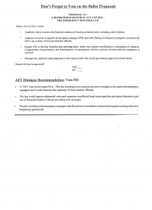 Ballot Language along with AFT Michigan's voting recommendation and reasoning for Proposal 1