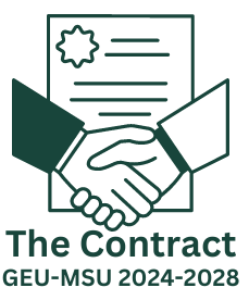 graphic of two hands shaking over a piece of paper with a seal, at the bottom the words The Contract, GEU-MSU 2024-2028